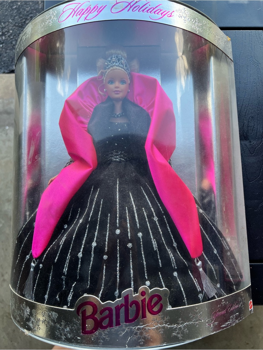 1998 Barbie Happy Holidays Doll - Black & Hot Pink Gown never been open.